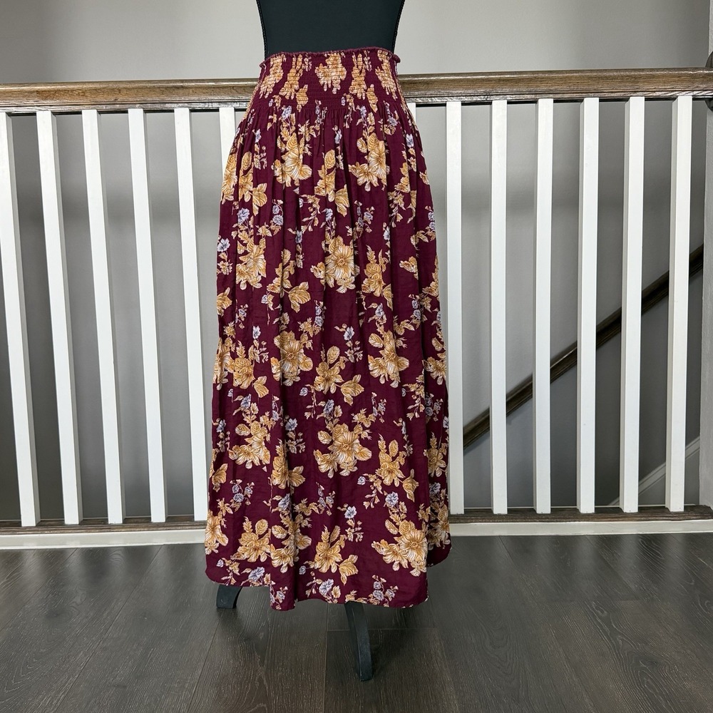 Natural Life Floral Smocked Waist Maxi Skirt M Burgundy Boho Western Festival